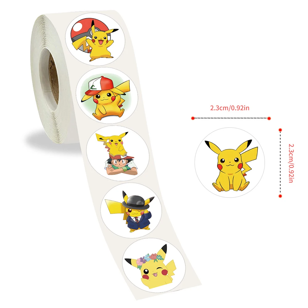 500pcs/roll Pikachu Cartoon Sealing Stickers Cute Pokemon Anime Reward Sticker Notebook Guitar Phone Kawaii Graffiti Decals Pack
