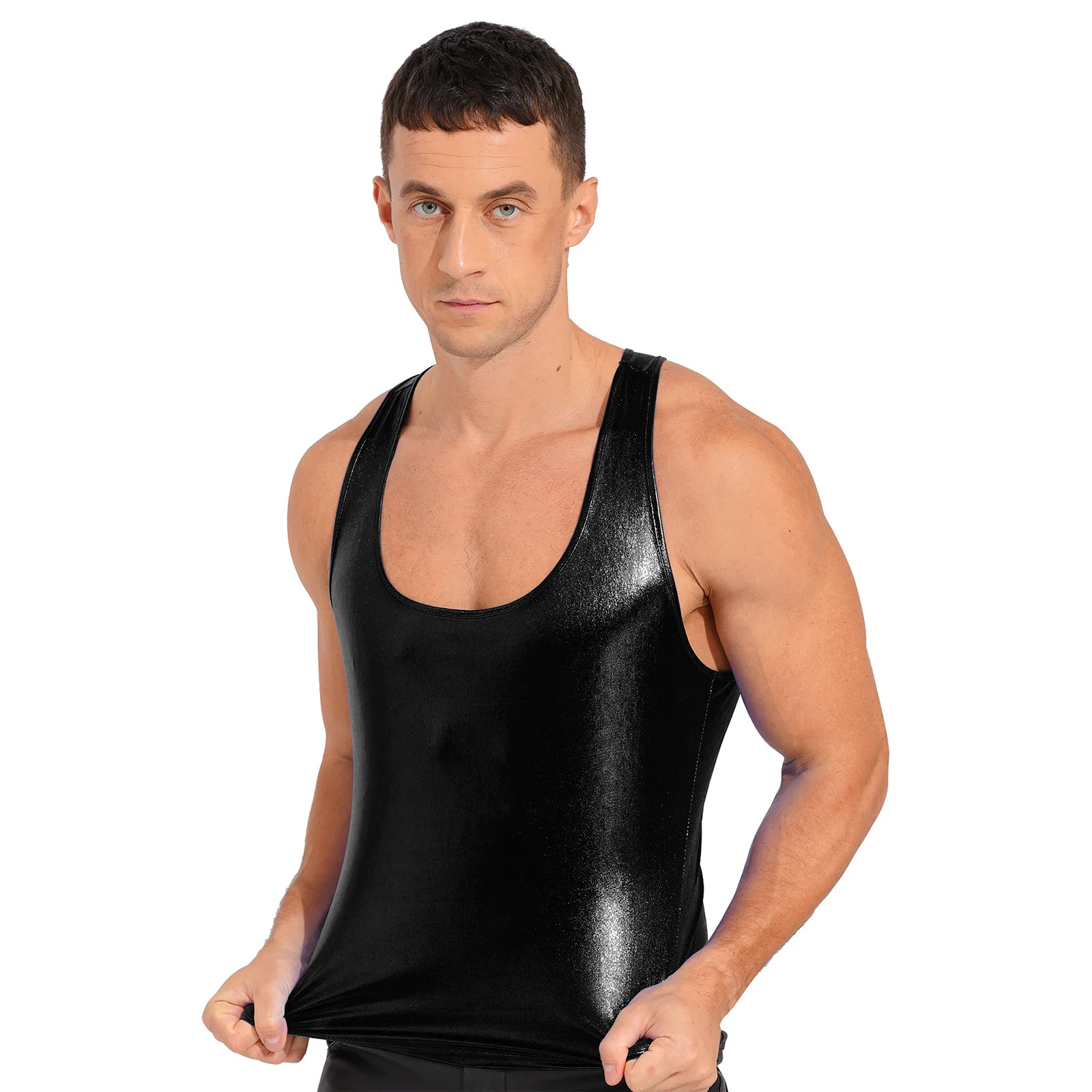 Mens Sleeveless Racer Back Slim Fits Camisole Tops U-neckline And Racer Back Tank Tops Cosplay Clubwear Shiny Metallic Vest Top