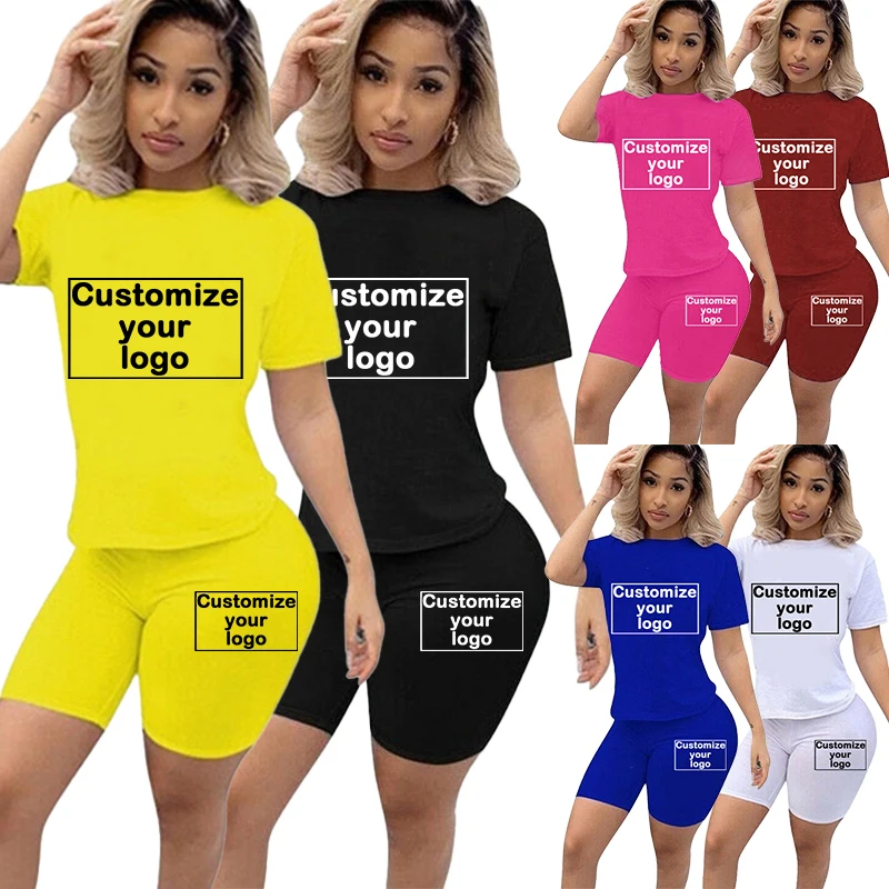 

Women's summer sexy tight fitting short sleeved T-shirt and shorts set customize your logo yoga two-piece sports jogging suit