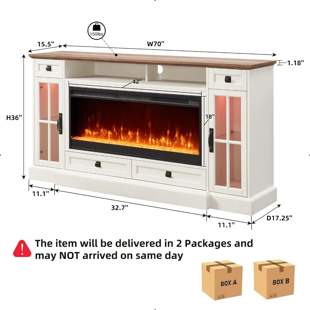 Kamin-TV-Ständer für 80-Zoll-Fernseher, mit 42-Zoll-Kamin und LED-Leuchten, mit Schubladen, moderne, rustikale TV-Schränke