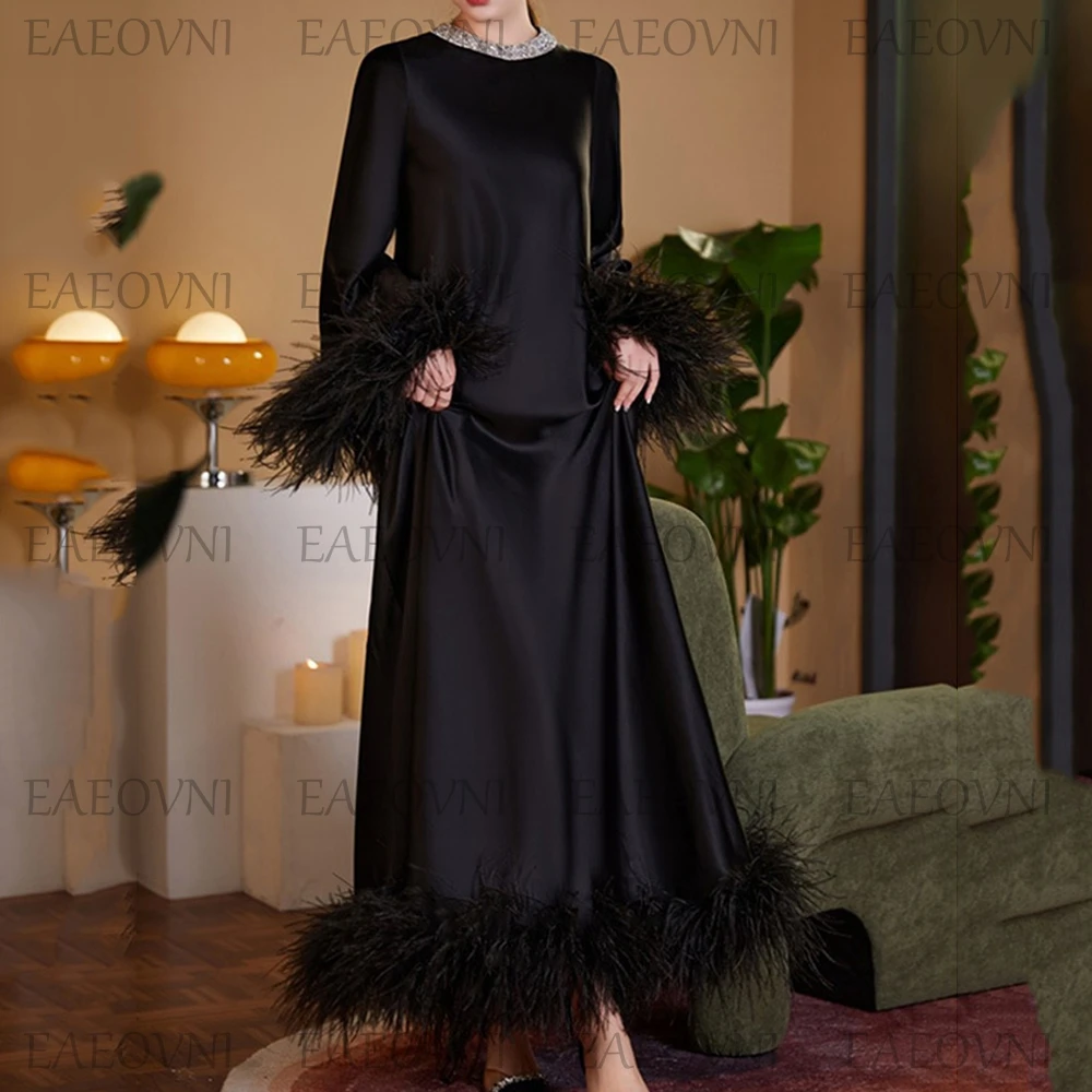 Customized Temperament Prom Gown Straight Long Sleeve Feather Formal Party Dress Solid Color Ankle-Length Vestido De Novia فساتي