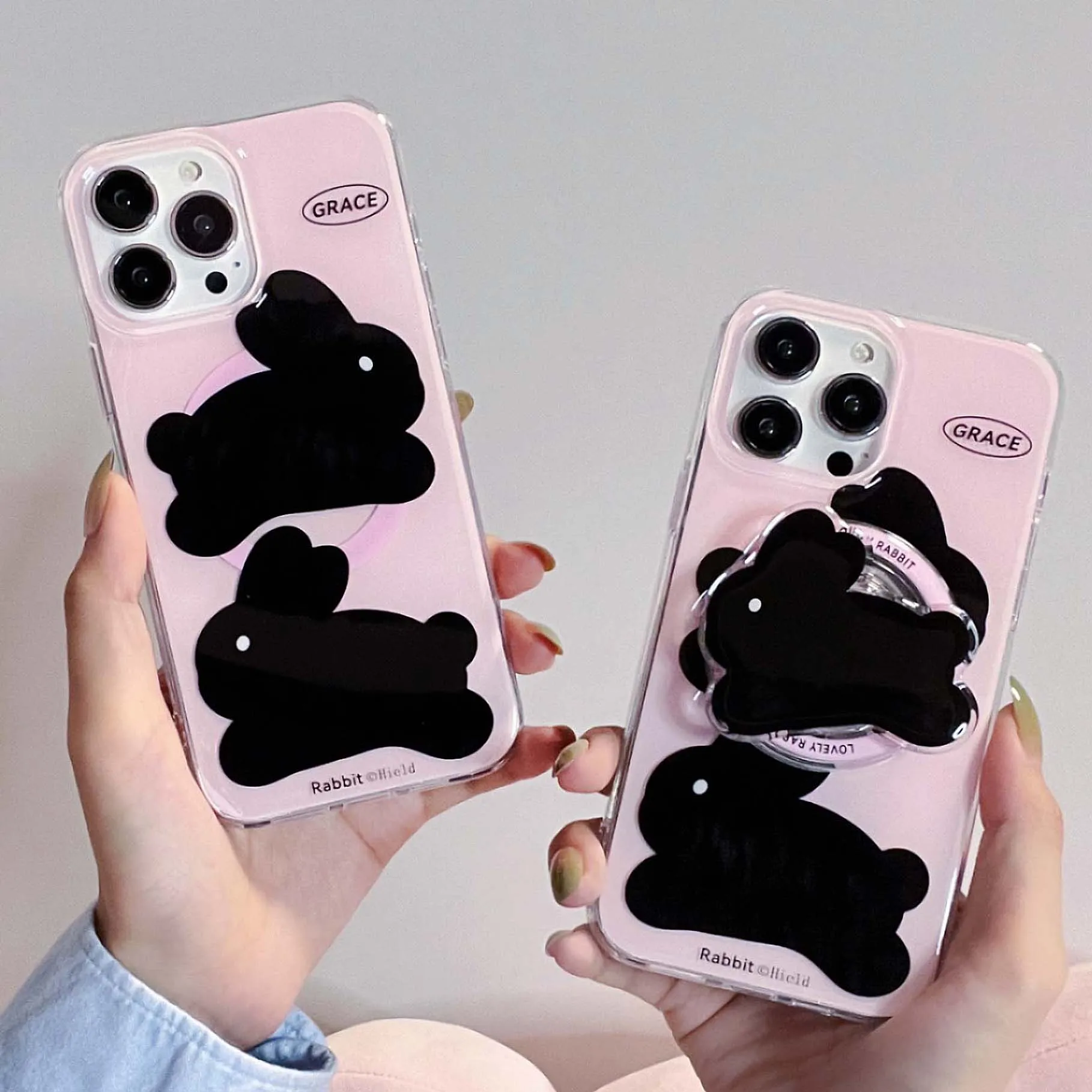 Magnetic hot pink black rabbit stand holder cute cartoon imd phone case for iphone 15 pro max 11 12 13 14 promax back cover