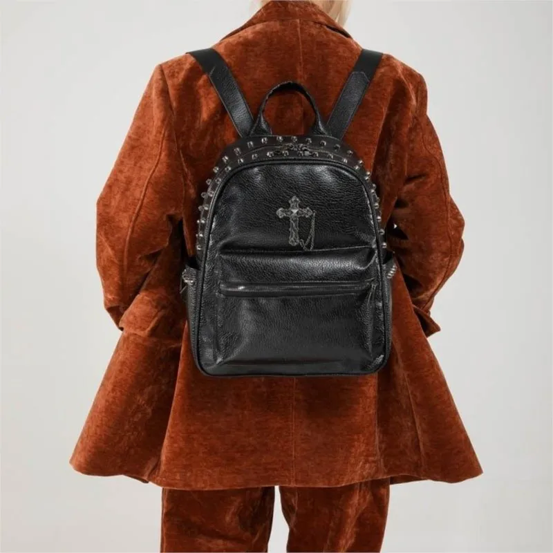 حقيبة ظهر متقاطعة بسلسلة مرصعة بتصميم عتيق للفتيات من الجلد بسعة كبيرة حقيبة نهارية للسيدات Harajuku Y2k موضة Mochilas Mujer Chic #2