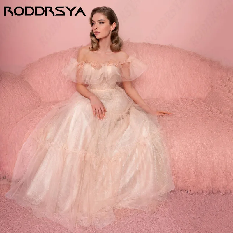 RODDRSYA Ruffled Off Shoulder Wedding Dresses Light Champagne Glittering Tulle Свадебное платье Lace Up Backless Bridal Party