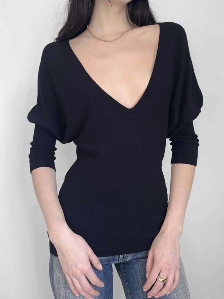 Spring Knitted Pullovers Temperament Casual Slim Tighten The Waist Dolman Sleeve Deep V-link Simple Style All-match Solid Color