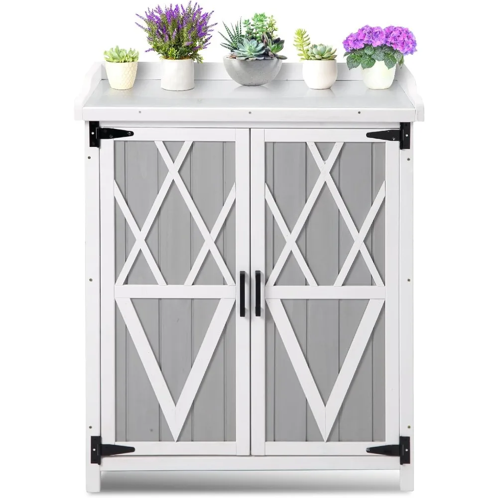 

Outdoor Potting Bench with Metal Work Top,Waterproof Garden Storage Cabinet, Wooden Garden Work Bench with Adjustablev Shelves &