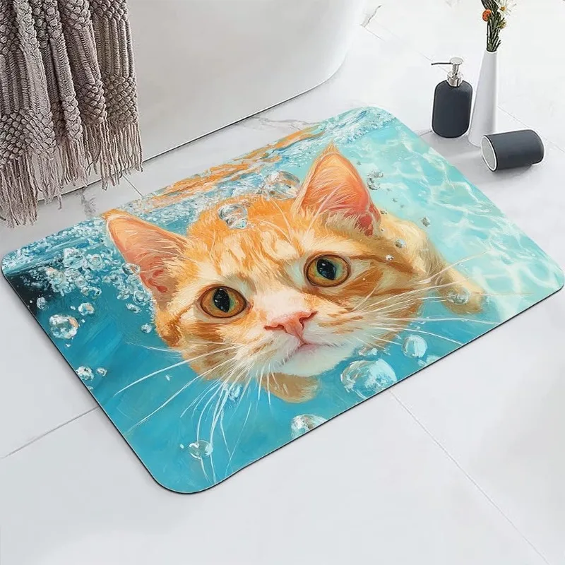 Fußmatte mit orangefarbenem Katzenmuster, niedliches Tiermotiv, Badezimmerteppich, saugfähig, rutschfest, Heimdekoration, Willkommensteppich für Flur, Wohnzimmer