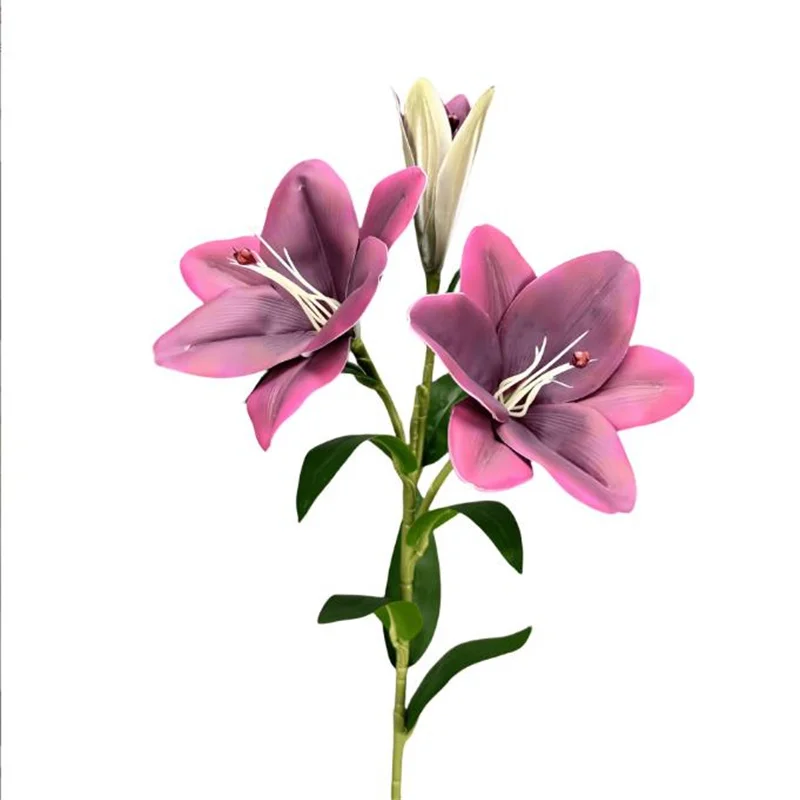 

4Pcs Faux Real Touch Lily (3 Heads/Piece) Simulation 3D Printing Latex Lilium Green Leaf for Wedding Artifiial Flowers