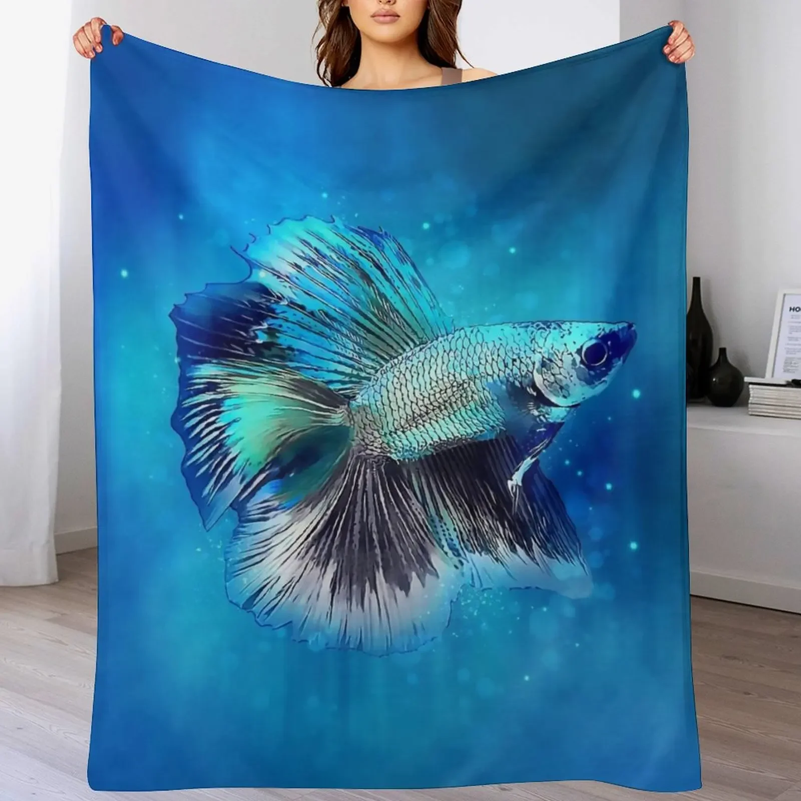 Blue Betta Fish Throw Blanket Color Fast Cozy Throw Blanket