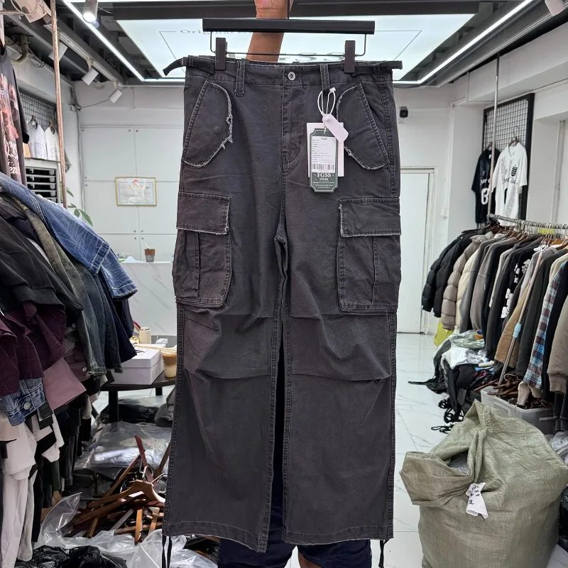

Vintage Washed Cut Multi Pockets Cargo Pants Loose Straight Casual Trousers Men Women Gray Green High Quality Work Wear Pants
