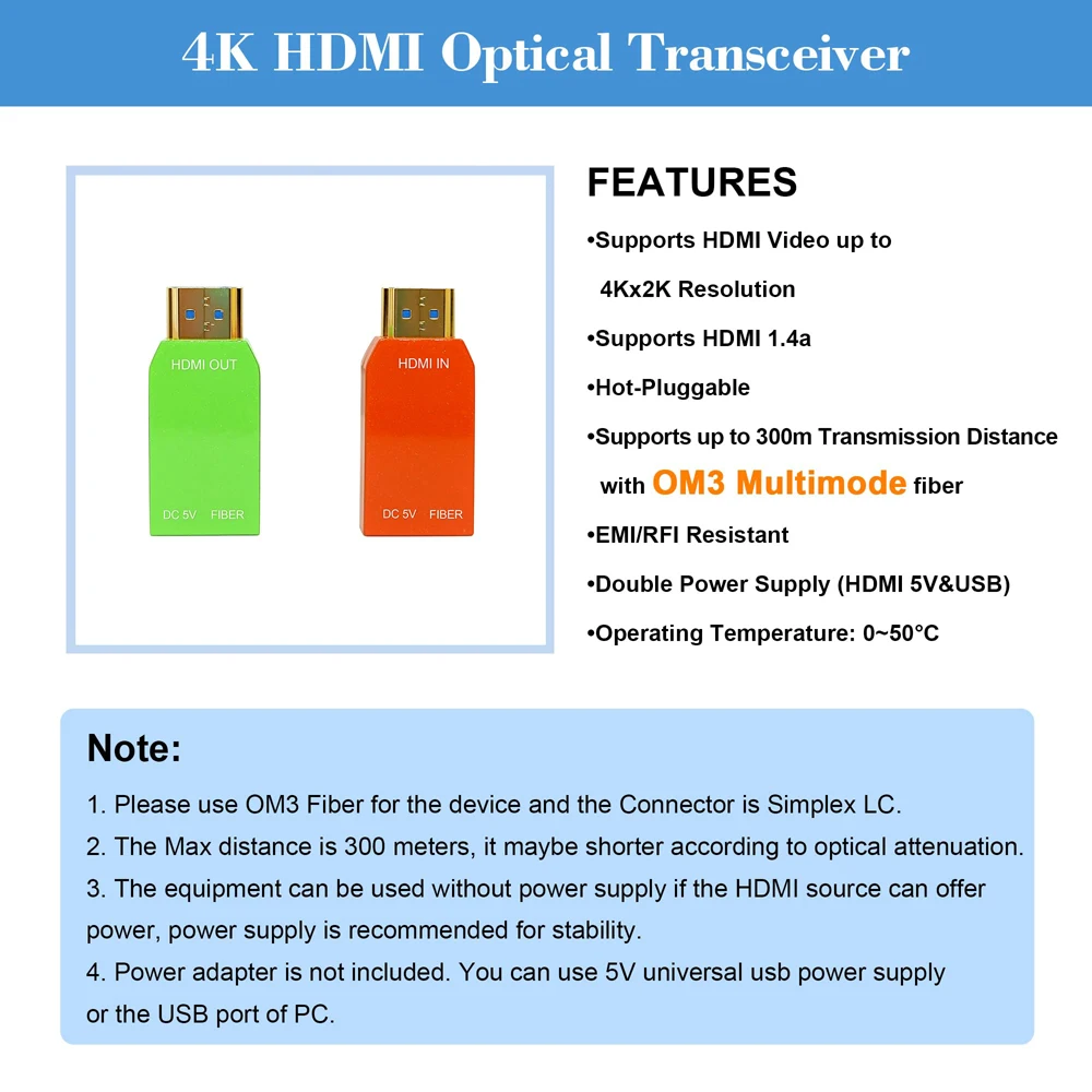 Imagem -04 - Mini Conversor Hdmi 4k sobre Fibra Extensor de Vídeo Hdmi sobre Multimodo Núcleo Único Om3 Transceptor de Fibra Óptica com Conector lc