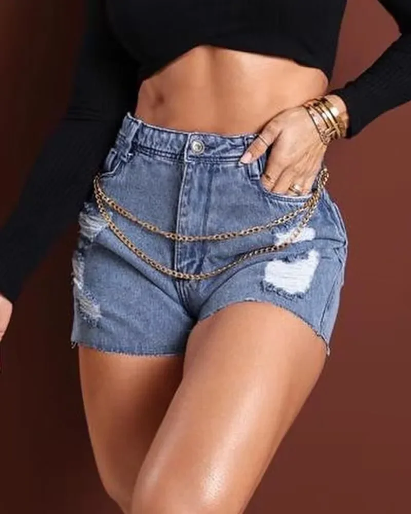 Women’s Denim Shorts Summer Beach Sexy Chain Bleached Distressed Stretchy Slim Casual Shorts Jeans