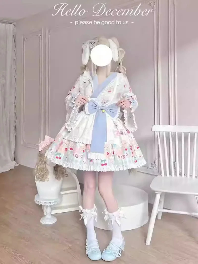 الحلو لطيف الكرتون الدب طباعة القوس فستان حفلة للأميرات مجموعة اليابانية Kawaii لوليتا كيمونو صغير تأثيري فستان خادمة للنساء #1