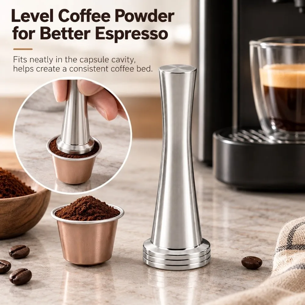Stainless Steel Espresso Coffee Tamper Manual Pressing Silver Capsule Pressing Tool Filling Compatible for Nespresso
