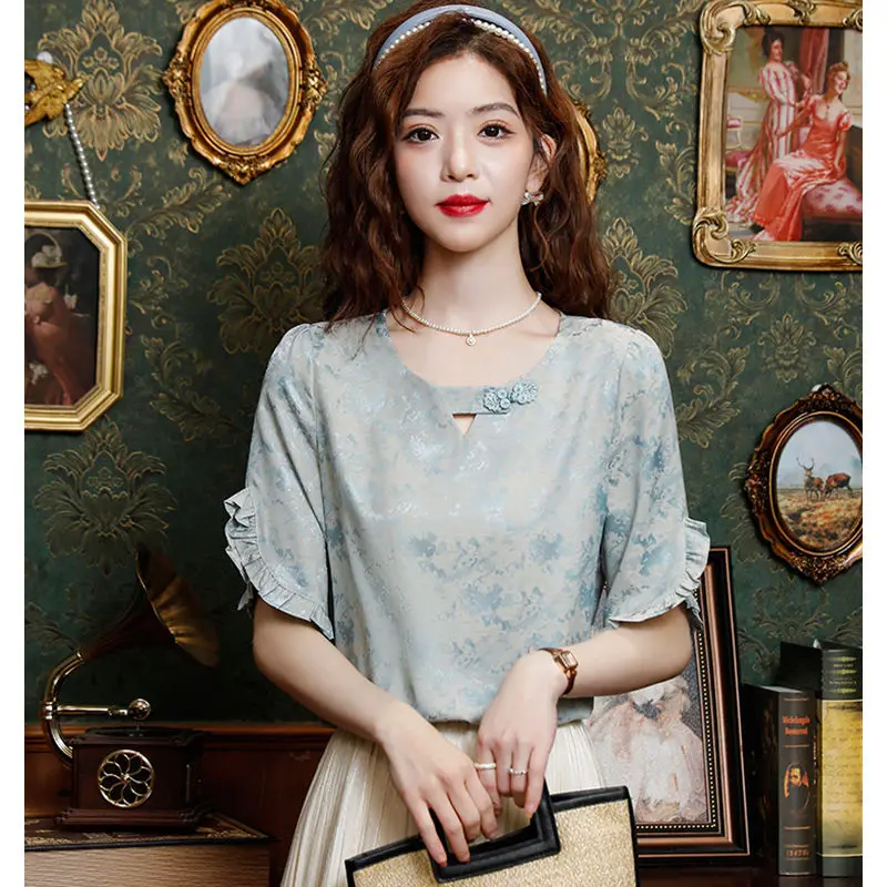 New Chinese Style Black Ears with Chinese Style Short-sleeved Chiffon Shirt for Women in Summer Fashion and Chic Buttoned Top