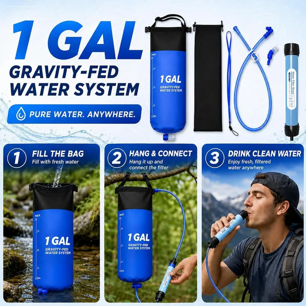 Kit de paille avec sac filtrant à eau par gravité, 1 gallon, pour le camping, la randonnée, système de filtration, tuyau de purification, équipement de survie d'urgence pour le trekking.