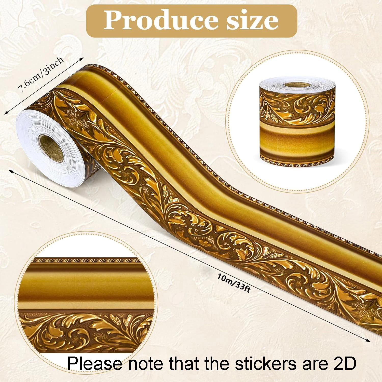 Vintage Golden Floral Bulletin Board Border - 1 Roll 10m Self-Adhesive Die-Cut Straight Decorative Strip, Ideal for Classroom