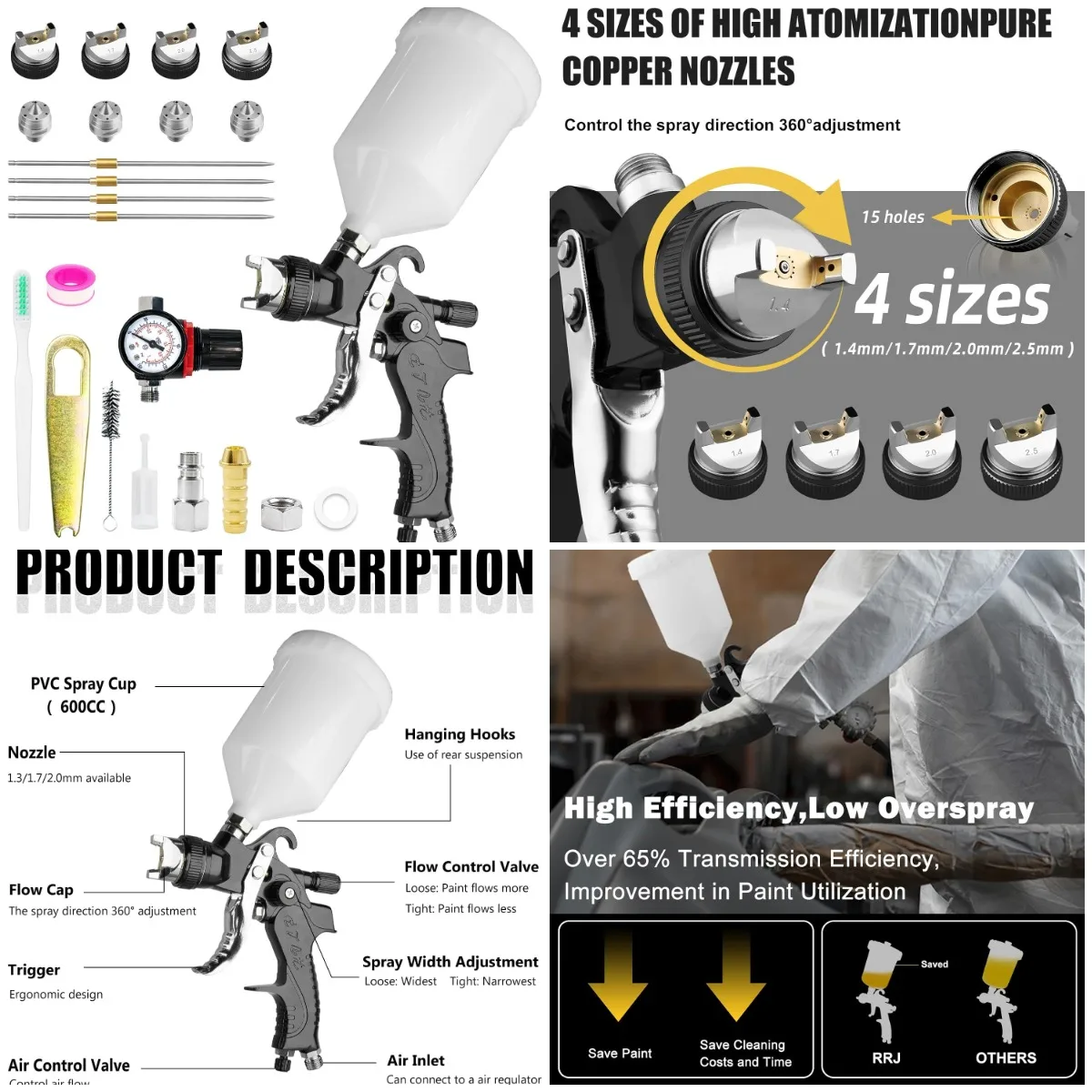 

Комплект пистолета-распылителя HVLP с насадками 1,4-2,5 мм, воздушным давлением и гравитационной подачей для автомобилей, мебели, поделок (черный)