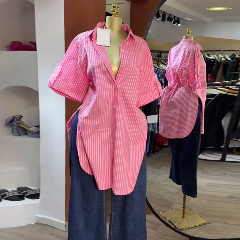 Frauen Gestreiften Shirts Kurzarm Einreiher Casual Hemd Drehen Unten Kragen Midi Länge Top Blusen Dame Herbst 2025