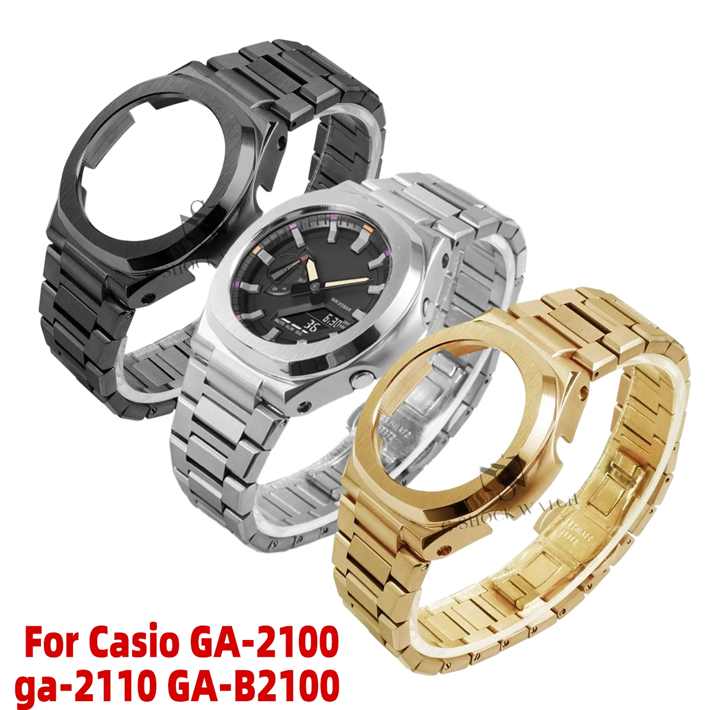 For Casio GA-2100 GA-2110 GA-B2100 Customization-Specific Stainless Steel Metal Watch Band Premium Steel Case Rose Gold-Tone Set