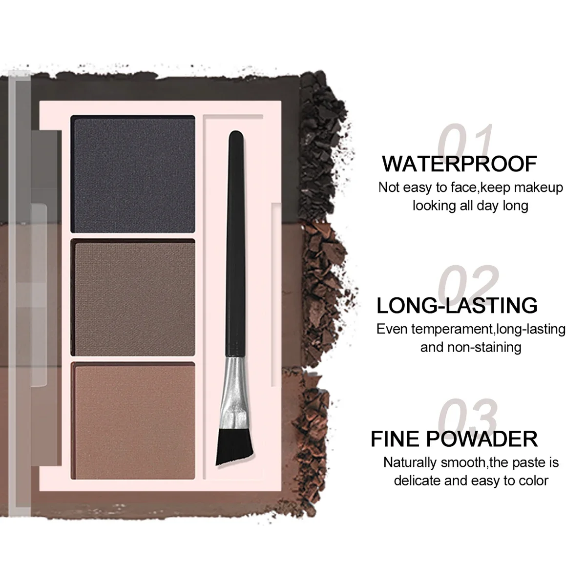Palette de poudre à sourcils 3 couleurs avec brosse à sourcils-poudre à sourcils naturelle longue durée en forme de sourcil imperméable et résistante à la sueur