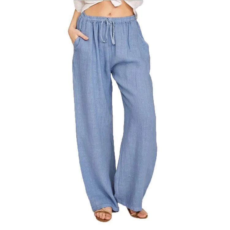 Summer and Autumn Women Cotton Linen Pants Solid Casual Elastic Waist Pockets Wide Leg Trousers Fashion Ladies Straight Pants