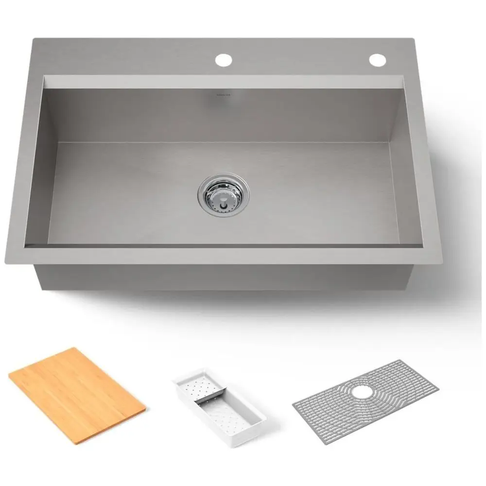 

800842PCNA Task 33 Top Undermount SingleBowl Workstation Sink, Includes Kitchen Sink Accessories, Stainless Steel, 2 Faucet Hol