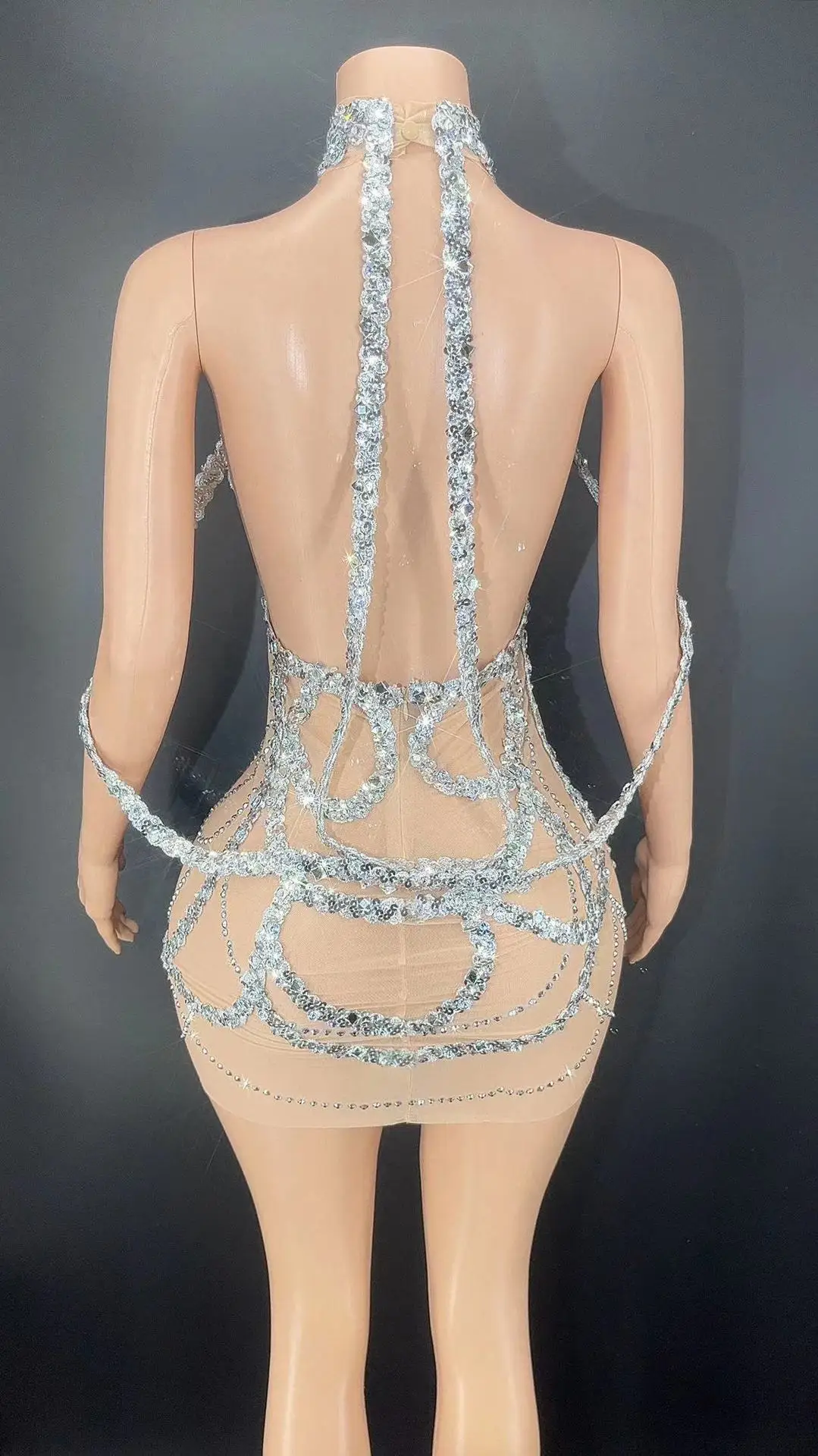 Women Sexy See Through Halter Beaded Crystal Sequin Tassel Formal Night Club Diamond Tight Dance Short Cocktail Dress