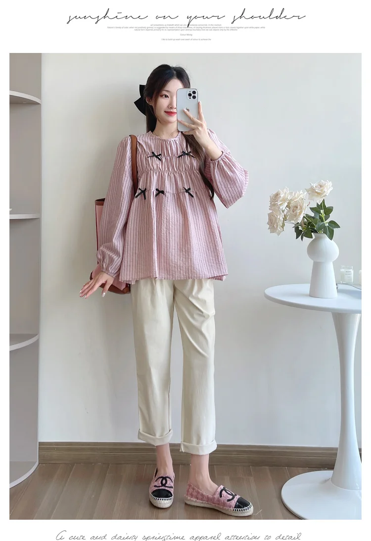 Korean Style Pregnant Women\'s Striped Shirts Long Sleeved Pleated High Waist Maternity Blouses with Bowknots Pregnancy Loose Top