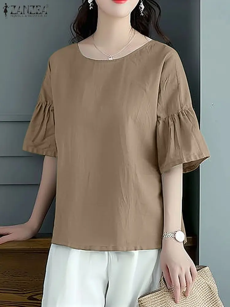 ZANZEA Casual Solid Color Blouse Holiday Ruffled Half Sleeve Tops 2024 Summer O-neck Tunics Korean Fashion Basic Blouse Femme