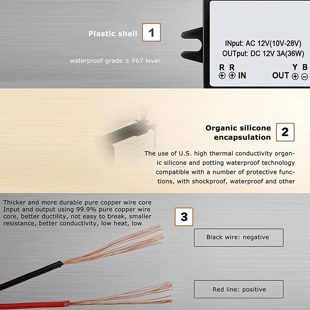 Conversor Volt impermeável, Buck Power Module, AC 10-28V para DC 12V, 3A
