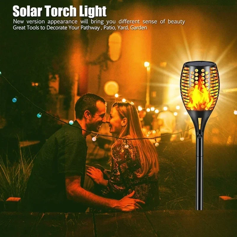 Imagem -05 - Waterproof Solar Flame Light Flickering Torch Night Lamp Decoração do Jardim Gramado Caminho Quintal Pátio ao ar Livre 96 Leds 12 Pcs 112pcs