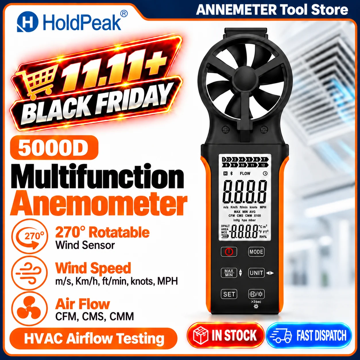 Rechargeable Handheld CFM Air Flow Meter, Portable Wind Gauge with 270° Rotatable Sensor, Air Velocity Tester for HVAC Duct