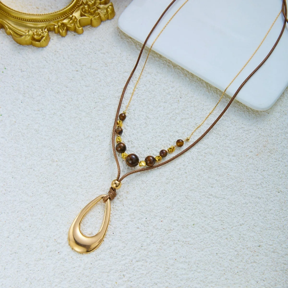 Vintage Einfache Tigerauge-Stein Wassertropfen-Anhänger Halskette für Frauen Männer Hohle Geometrische Tropfenform Lederseil Choker Schmuck – Detail 24