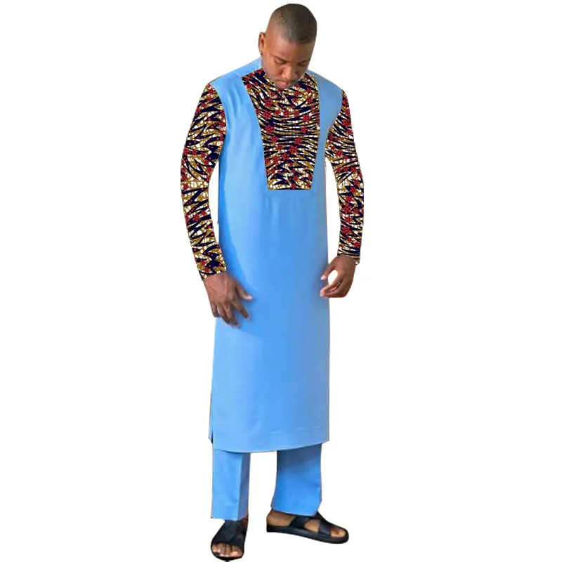 

African Patchwork Long Shirt+Solid Pant Sky Blue Men's Set Nigerian Fashion Tailor Custom Wedding Ball Outfits