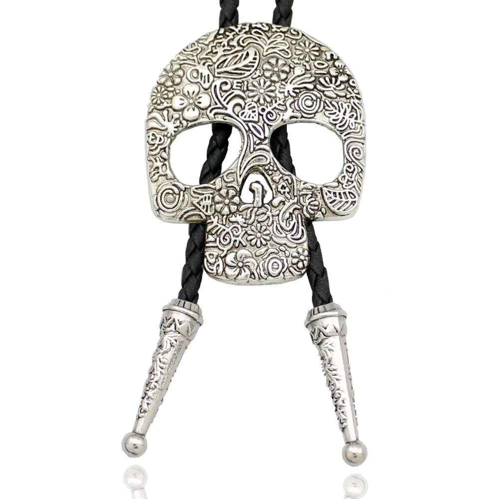 RechicGu Western Cowboy Vintage Skull Mask Pendant Leather Bolo Tie Novelty Funny Necktie for Women Men Jewelry Accessories Gift