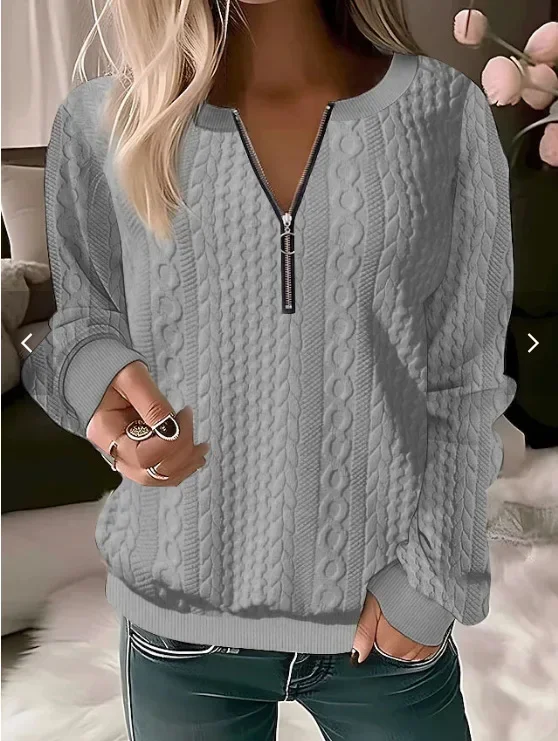 Autumn Women\'s Clothing Y2k Top Fashion Versatile Casual Slim Zipper Round Neck Jacquard Long Sleeved Solid Pullover Knit Shirt