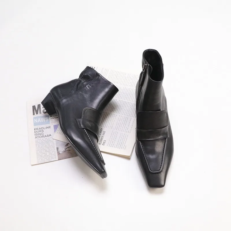 

Birkuir Retro Pointed Toe Women Ankle Boots Zip Sewn Thick Heel Boots Genuine Leather Luxury Comfort 4.5cm Casual Ladies Boots