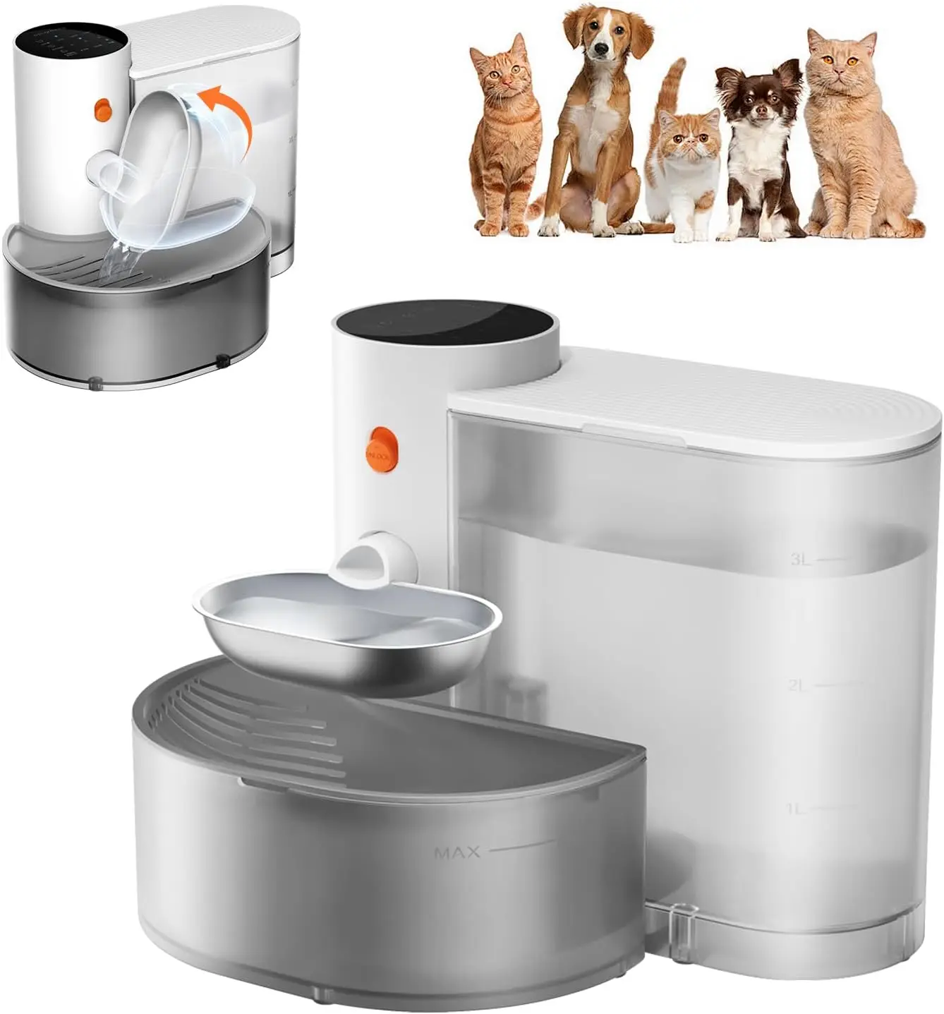 

Automatic Pet Water Fountain with Stainless Steel Bowl, Self-Refill System for Cats and Small Dogs, 3.5L Capacity