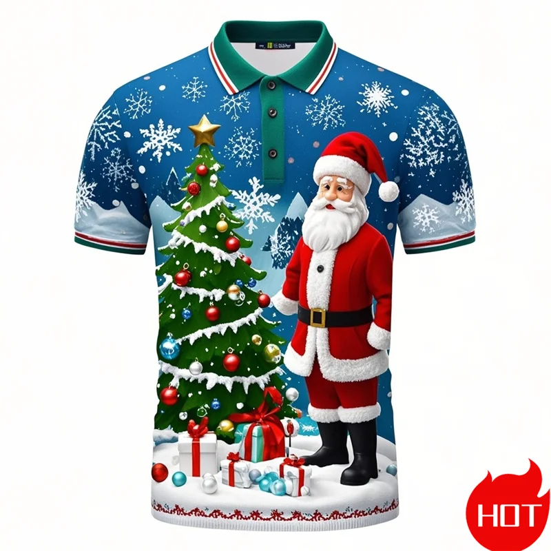 Funny 3D Cute Santa Claus Xmas Printing Polo Shirt For Men Happy Christmas Graphic Merry Christmas Graphic Shirts Blouses Polos
