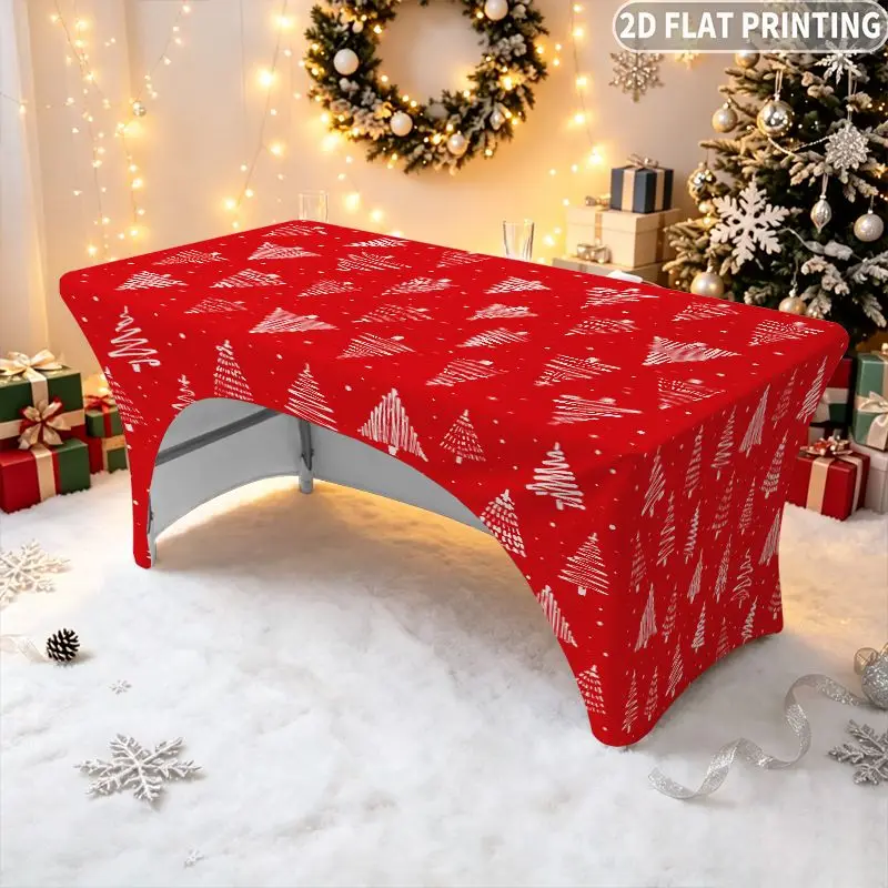 1pc Rectangular Full-Coverage Notched Red White Christmas Tree Stretch Tablecloth, Tablecovers with Arched Back, Home Decor