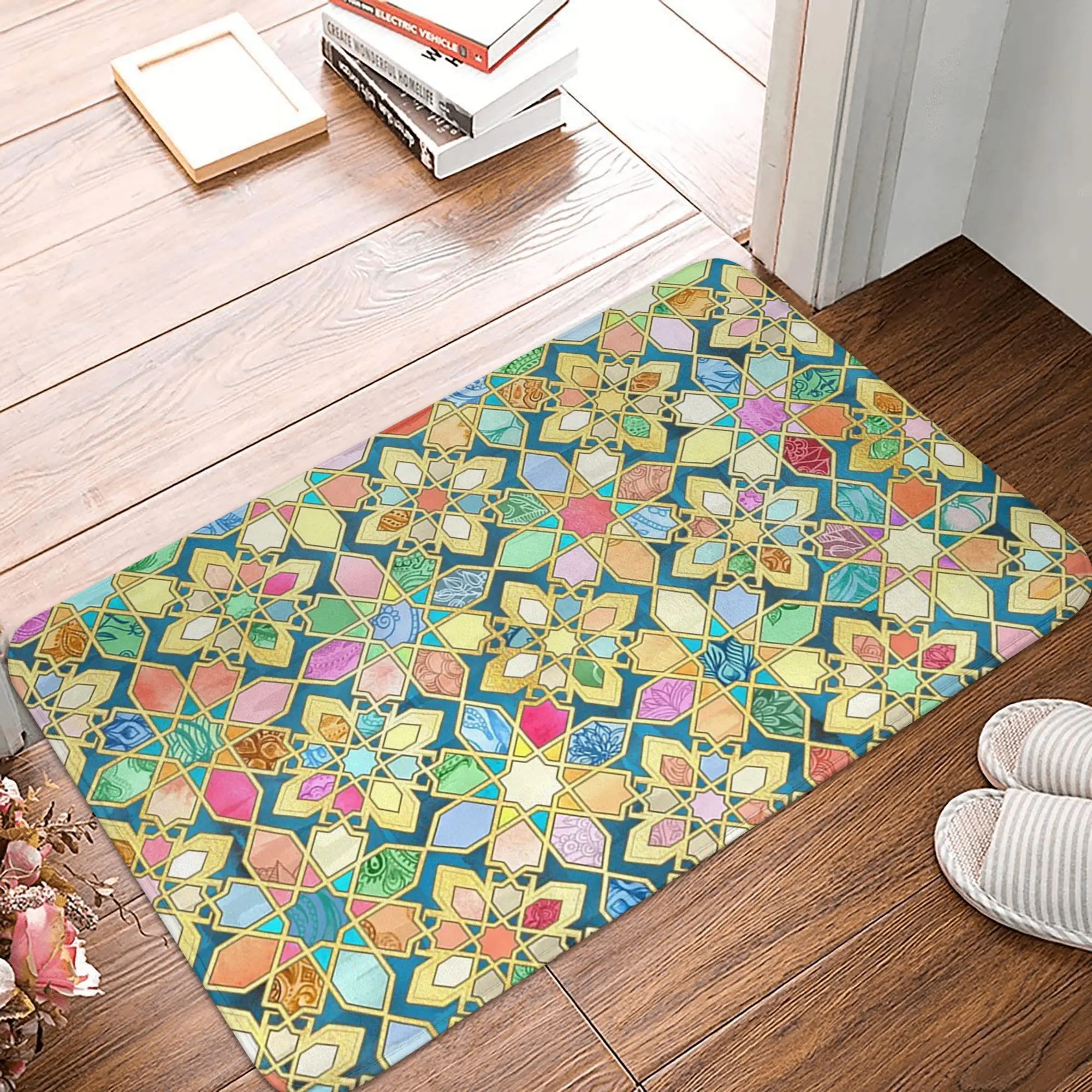 Gilded Moroccan Mosaic Tiles Non-slip Doormat Floor Mat Sand Scraping Carpet Rug for Kitchen Entrance Home Bathroom Footpad Mats
