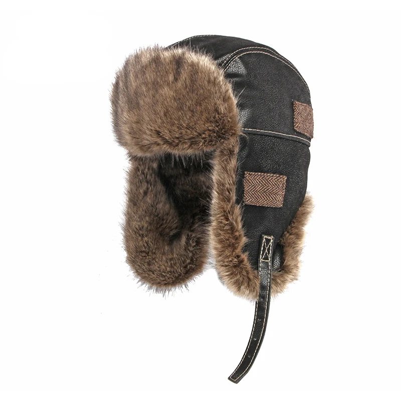 Winter Hat Men Bomber Cap Women Leather Ushanka Russian Hat with Earflaps Velvet Thick Snow Windproof Faux Fur Pilot Aviator Cap