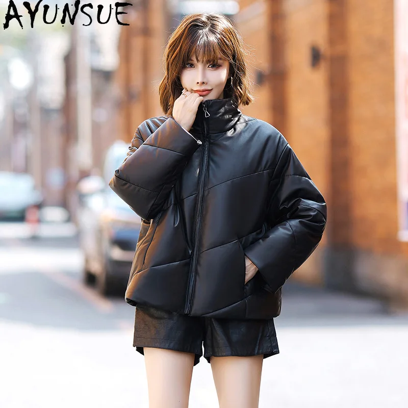 

AYUNSUE Genuine Leather Jacket Women Warm 100% Sheepskin Winter Down Coat Woman Clothing Stand Collar Loose Fit 2026 Fashion
