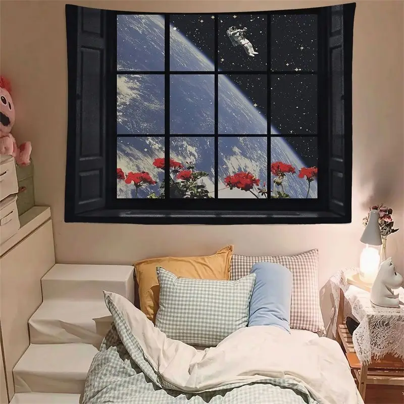 VIKAMA Simulation Window View Starry Sky Earth Tapestry High-Definition Wear-Resistant Fabric Living Room Decoration