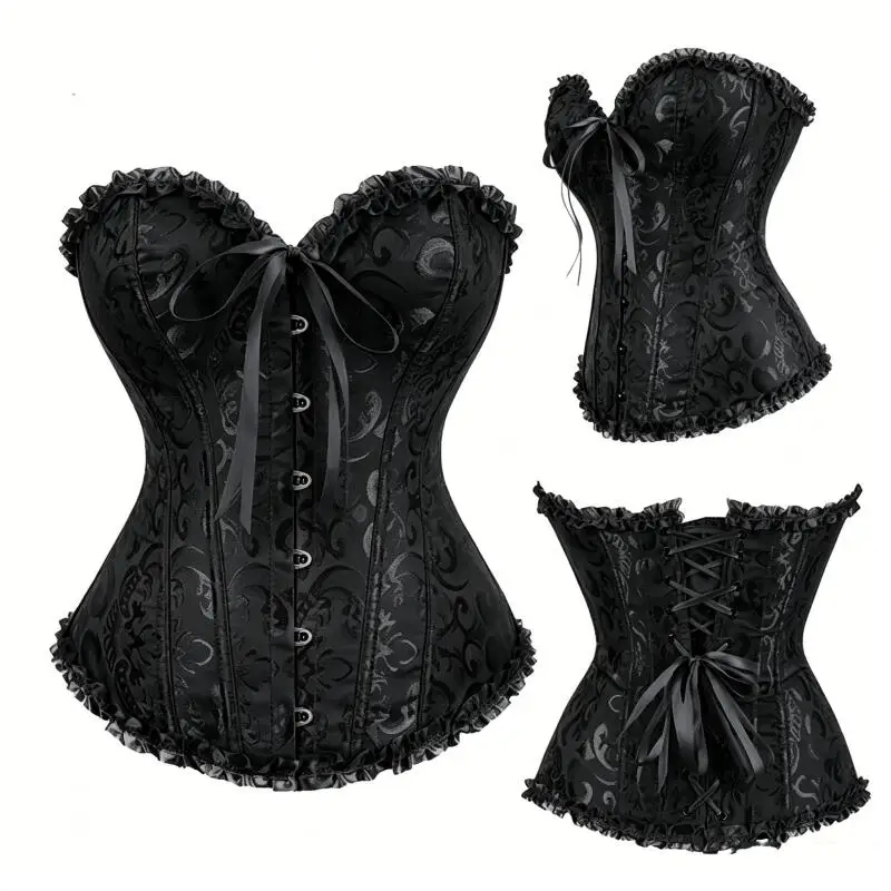 Black Jacquard Corset Top Women Vintage Overbust Bustier Boned Shapewear Gothic Lingerie With Ruffle Trim For Court Party Clothe
