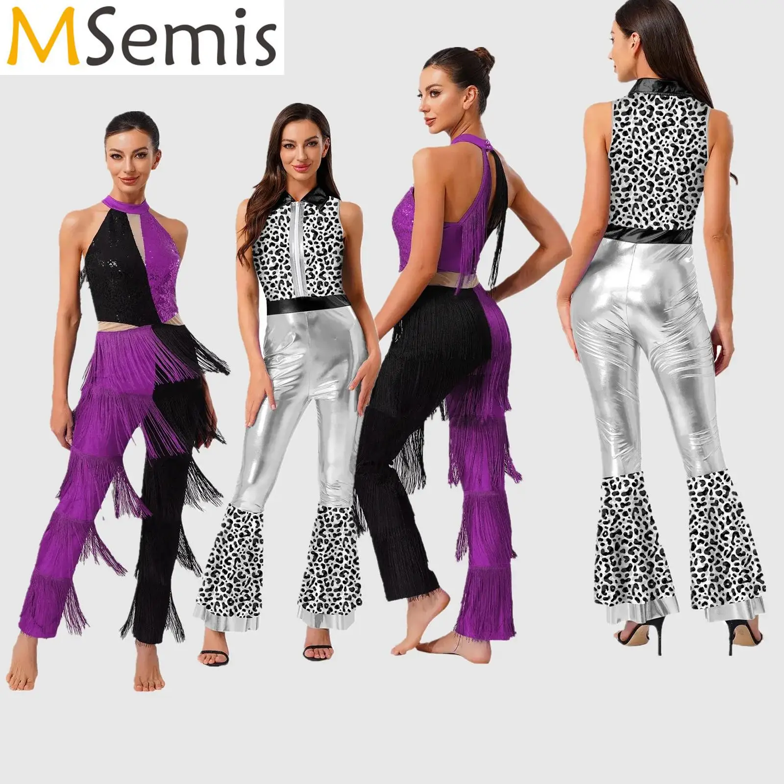 

Womens 70s Disco Dance Overalls Rompers Metallic Shiny Tiered Flared Long Pants Unitards Jumpsuit Jazz Club Classical Costume