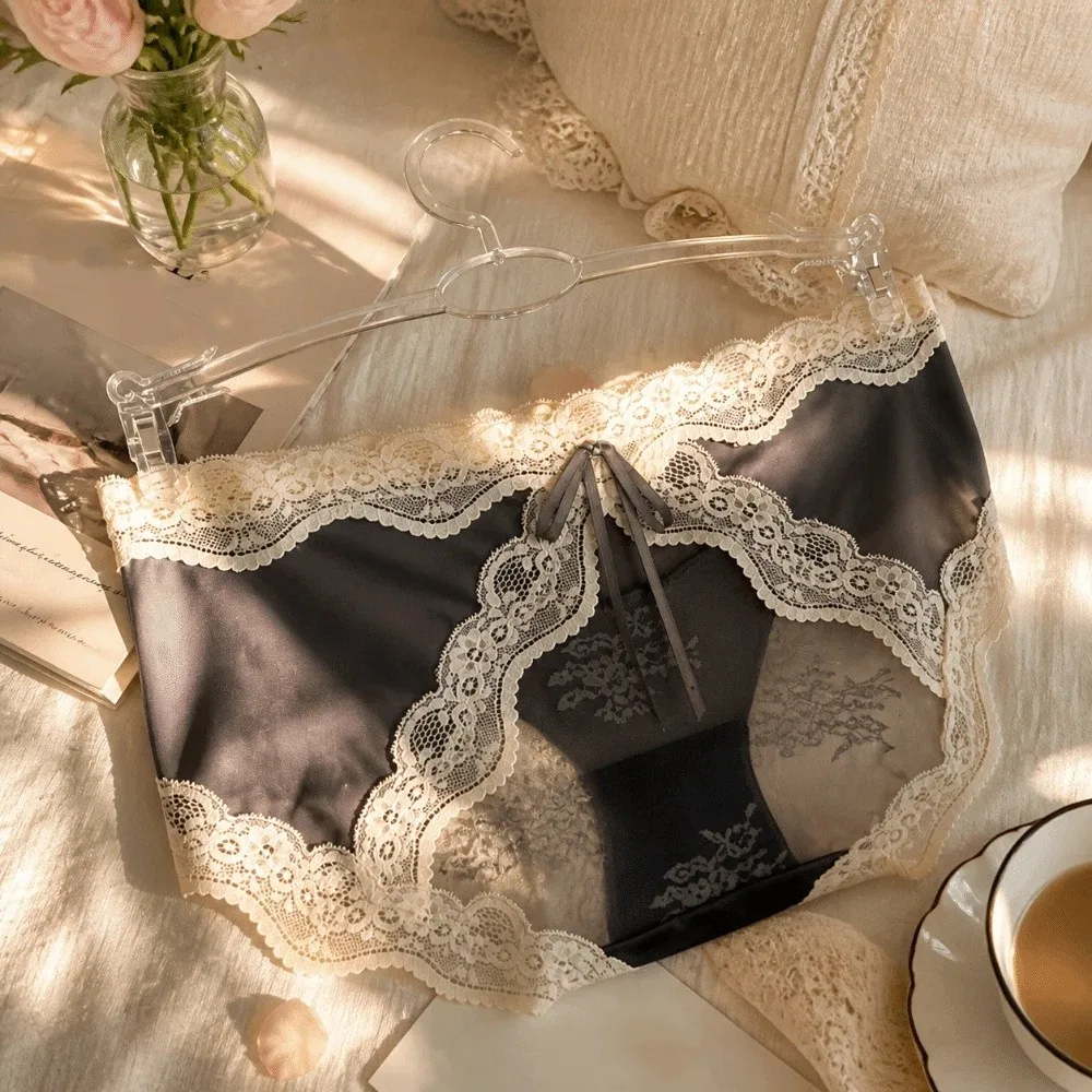Delicate Mid Waist Lace Satin Panties Sweet Invisible Bow Briefs Mesh Patchwork Transparent Briefs Daily Wear