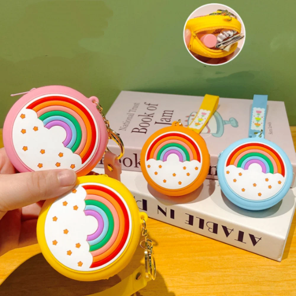 صغيرة قوس قزح سيليكون محفظة نسائية للعملات المعدنية حقيبة سماعة الاذن محفظة صغيرة لطيف قوس قزح جولة مفتاح حقيبة التخزين لحقيبة الظهر هدايا الأطفال