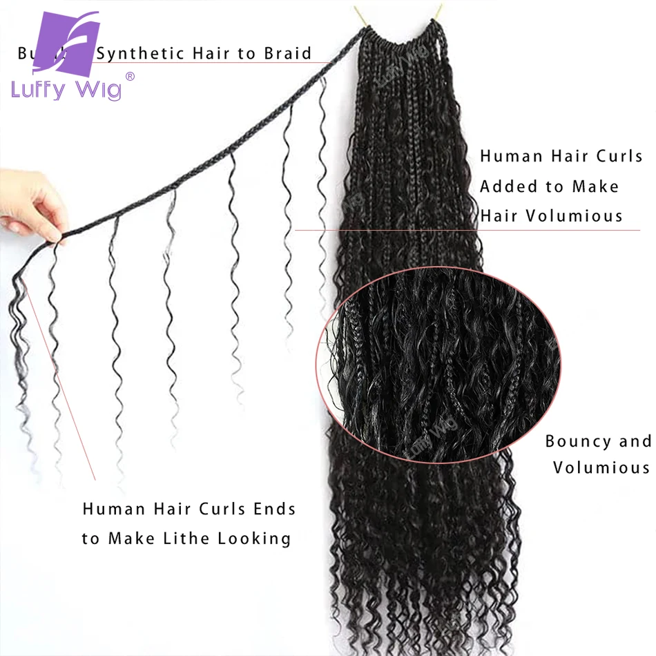 Crochet Boho Box trecce con riccioli di capelli umani Pre loop capelli intrecciati sintetici estensioni dei capelli intrecciati bohémien Luffywig